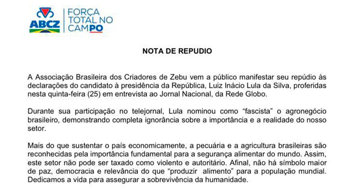 Entidades do agronegócio repudiam declaração de Lula que associava o setor ao fascismo • Portal DBO