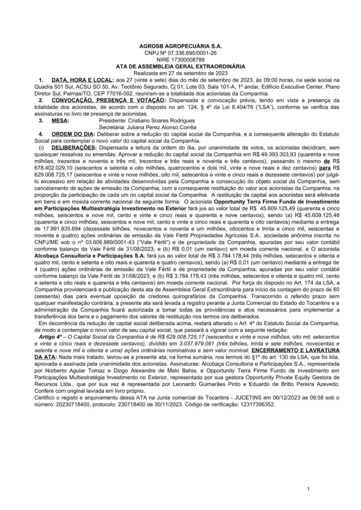 ATA DE ASSEMBLEIA GERAL EXTRAORDINÁRIA AGROSB AGROPECUÁRIA S.A. - Folha Capital