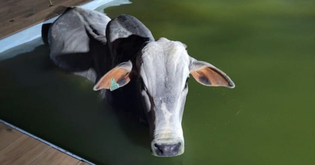 Boi cai em piscina e é resgatado por bombeiros; veja como foi