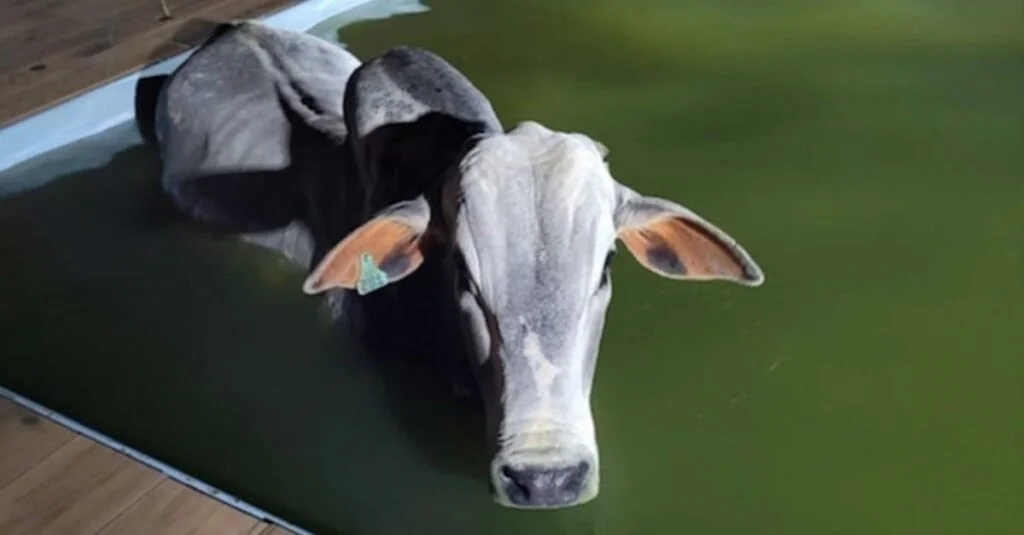 Boi cai em piscina e é resgatado por bombeiros; veja como foi