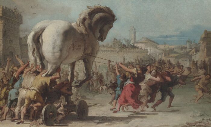 A Procissão do Cavalo de Troia em Troia, por volta de 1760, de Giovanni Tiepolo (Domínio público)