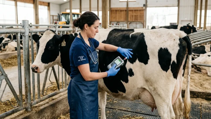 Médica-veterinária realizando monitoramento metabólico e avaliação clínica de bovinos confinados