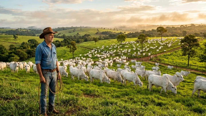 Pecuarista brasileiro em pasto verdejante observando rebanho bovino Nelore