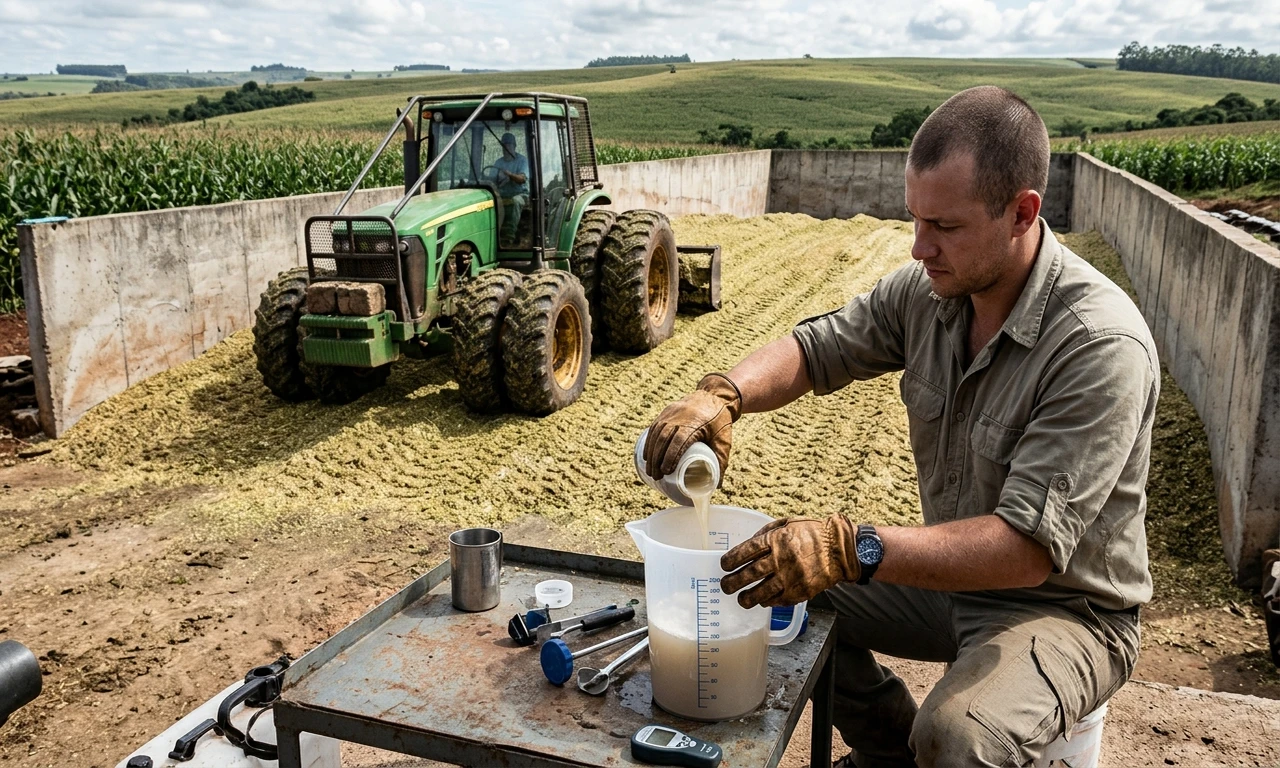 Agrônomo preparando calda de inoculante bacteriano sem cloro ao lado de silo trincheira