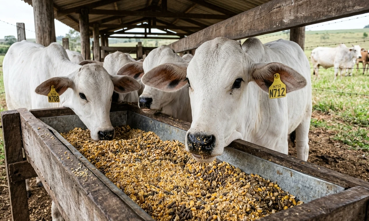 Bezerros consumindo ração proteico-energética em cocho coberto de creep feeding