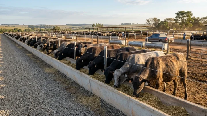Bovinos de corte alimentando-se em cocho de confinamento grão inteiro sem volumoso