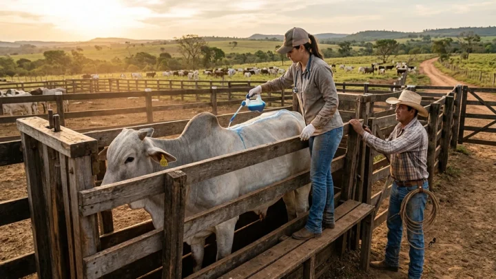Veterinário realizando controle estratégico de carrapato bovino em tronco de contenção
