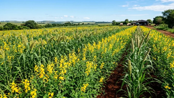 Trator e distribuidor a lanço aplicando calcário dolomítico em reforma de pasto