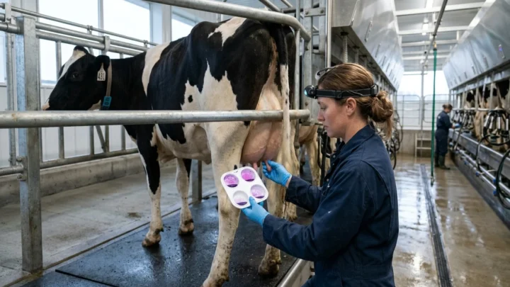 Veterinário realizando diagnóstico de mastite subclínica com raquete CMT na sala de ordenha