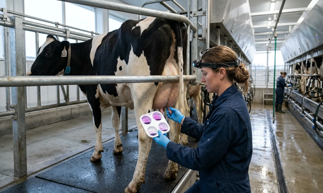 Veterinário realizando diagnóstico de mastite subclínica com raquete CMT na sala de ordenha