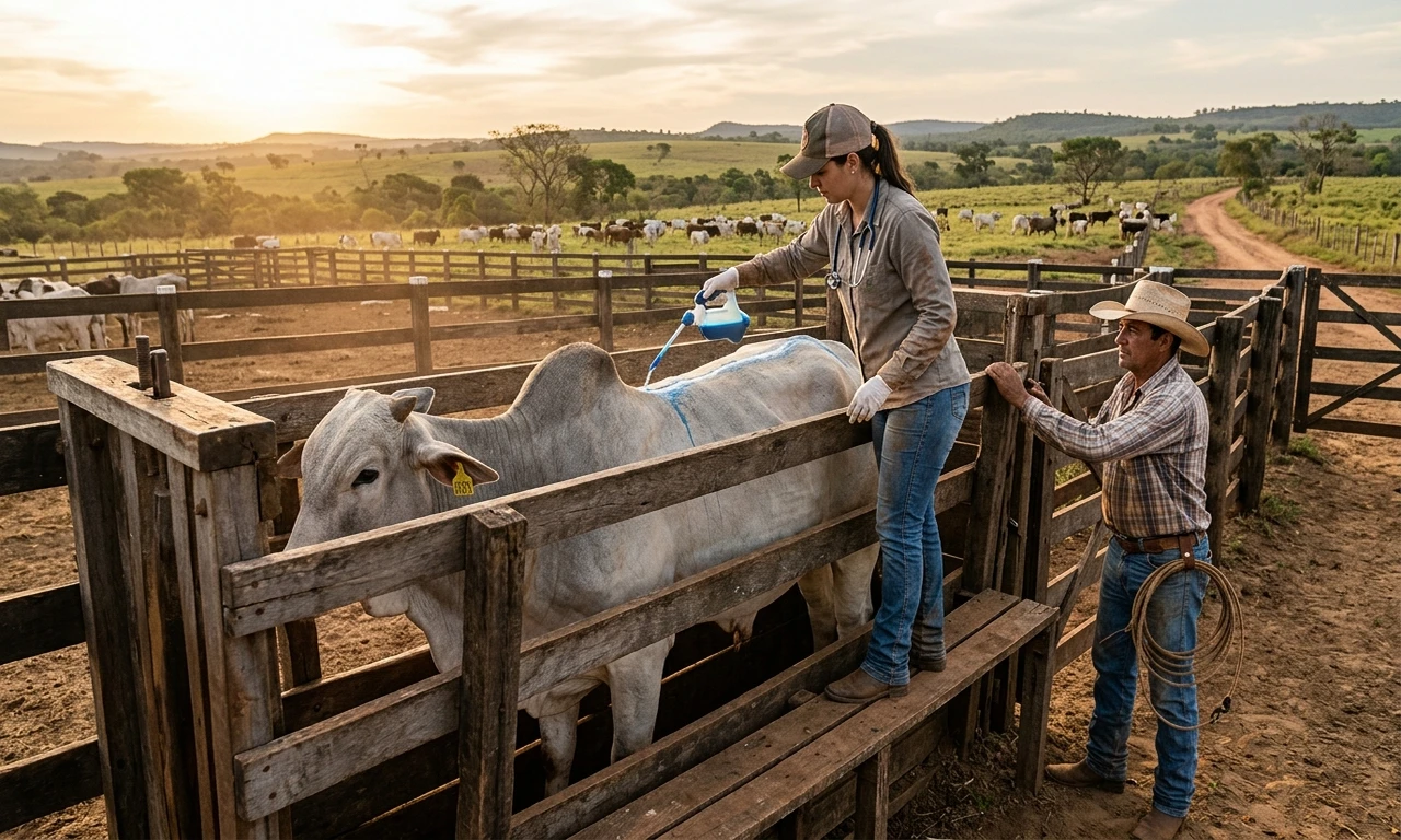 Aplicação veterinária de vacina contra brucelose bovina em novilha contida em tronco com equipamentos de biossegurança