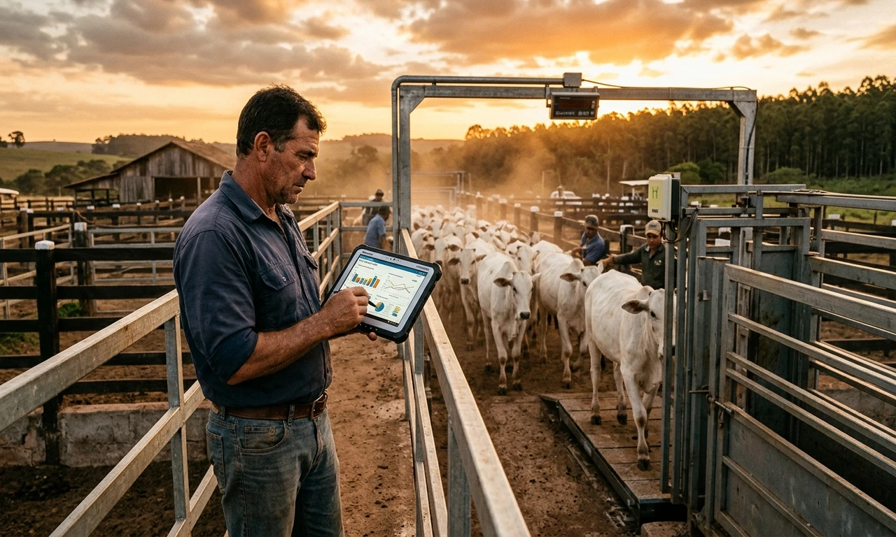 Gestor pecuário analisando fluxo de caixa e planejamento tributário em tablet no escritório da fazenda