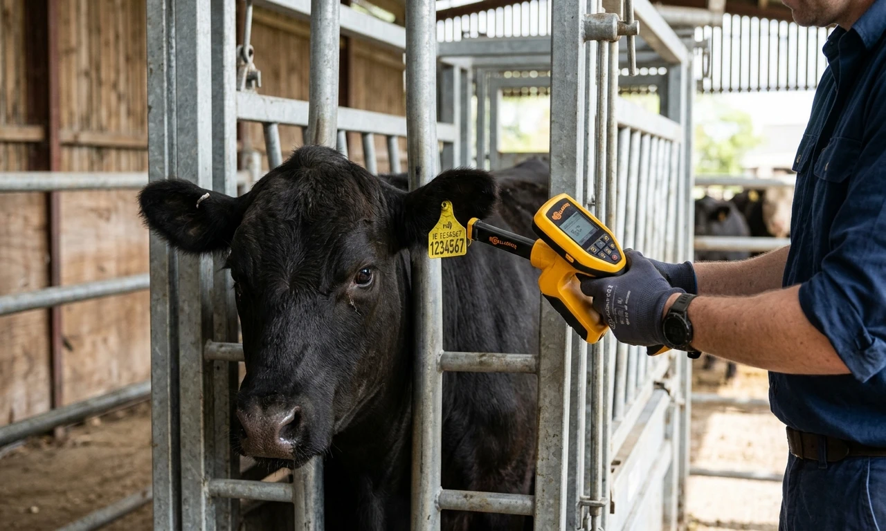 Técnico realizando leitura eletrônica de brinco RFID em bovino no tronco de contenção