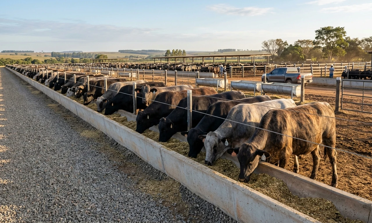 Lote de bovinos de corte em confinamento moderno com linha de cocho limpa e manejo nutricional de precisão