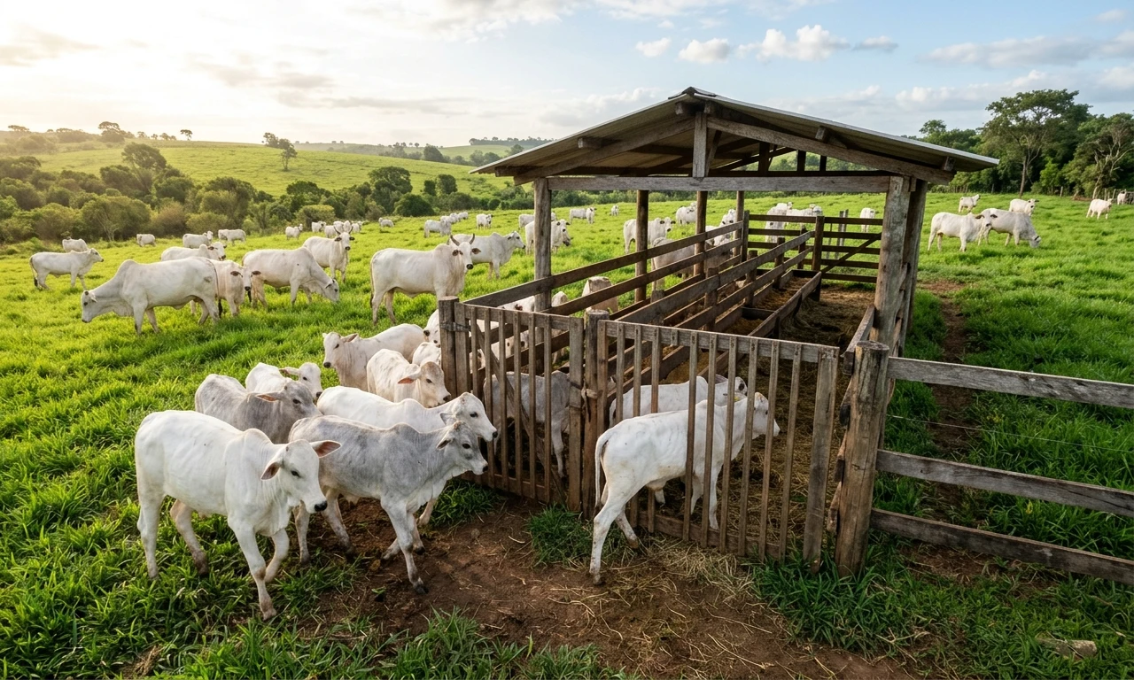 Bezerros Nelore e cruzados atravessando fresta seletiva de creep feeding no pasto