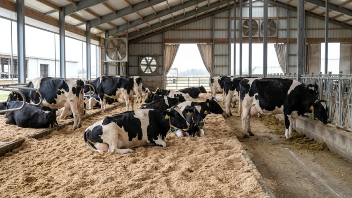 Vacas leiteiras Holandesas gestantes no lote pré-parto em Compost Barn