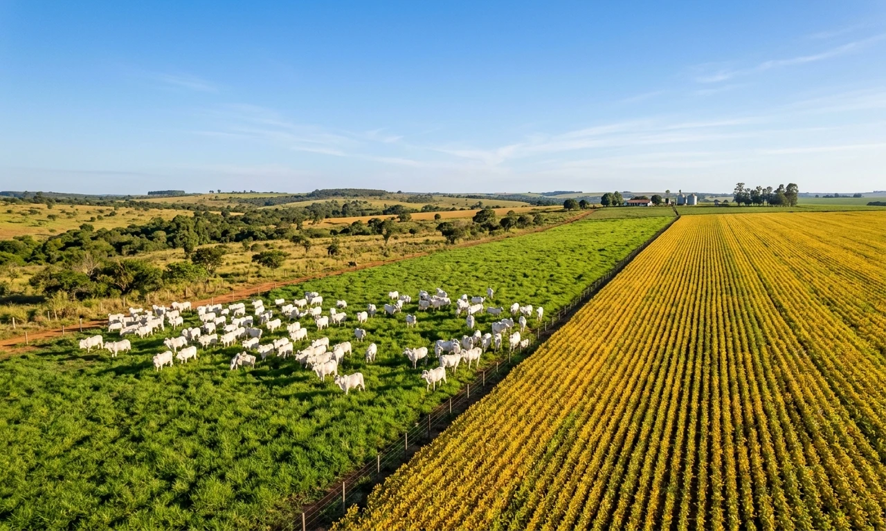 Sistema de Integração Lavoura-Pecuária-Floresta ILPF com linhas de eucalipto, lavoura e gado em pastejo