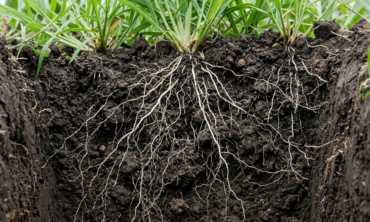 Perfil de solo mostrando raízes profundas e palhada densa de Braquiária Ruziziensis para plantio direto de soja