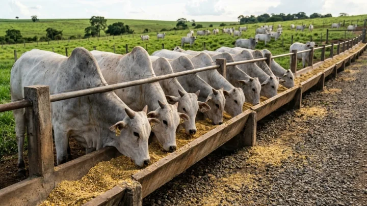 Bovinos Nelore em cocho de confinamento recebendo ração balanceada com polpa cítrica e concentrado energético