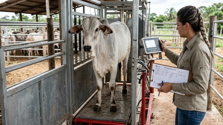 Touro da raça Brahman com musculatura avantajada e porte zebuíno em piquete de seleção genética