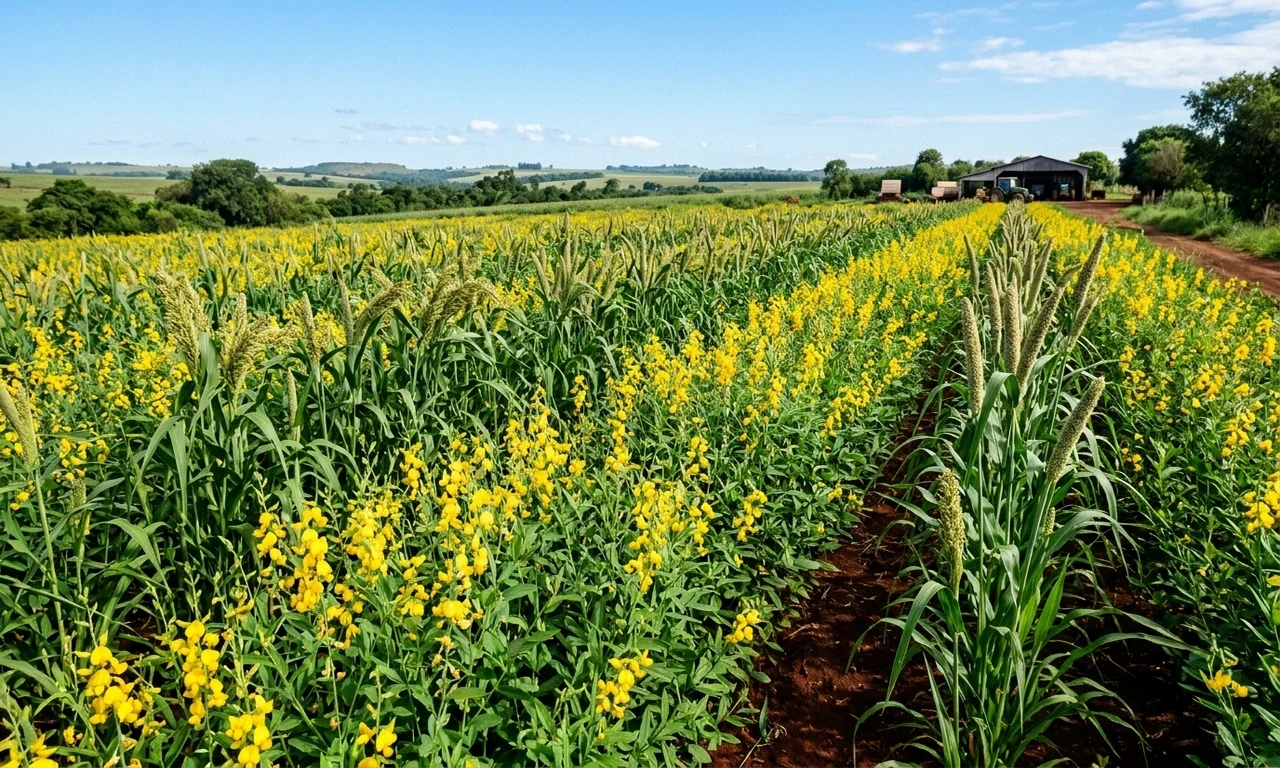 Plantas de sorgo BMR com nervura central marrom em ponto de colheita para silagem de alta digestibilidade