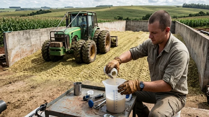 Silo trincheira sendo compactado e preparado para vedação hermética com lona dupla face