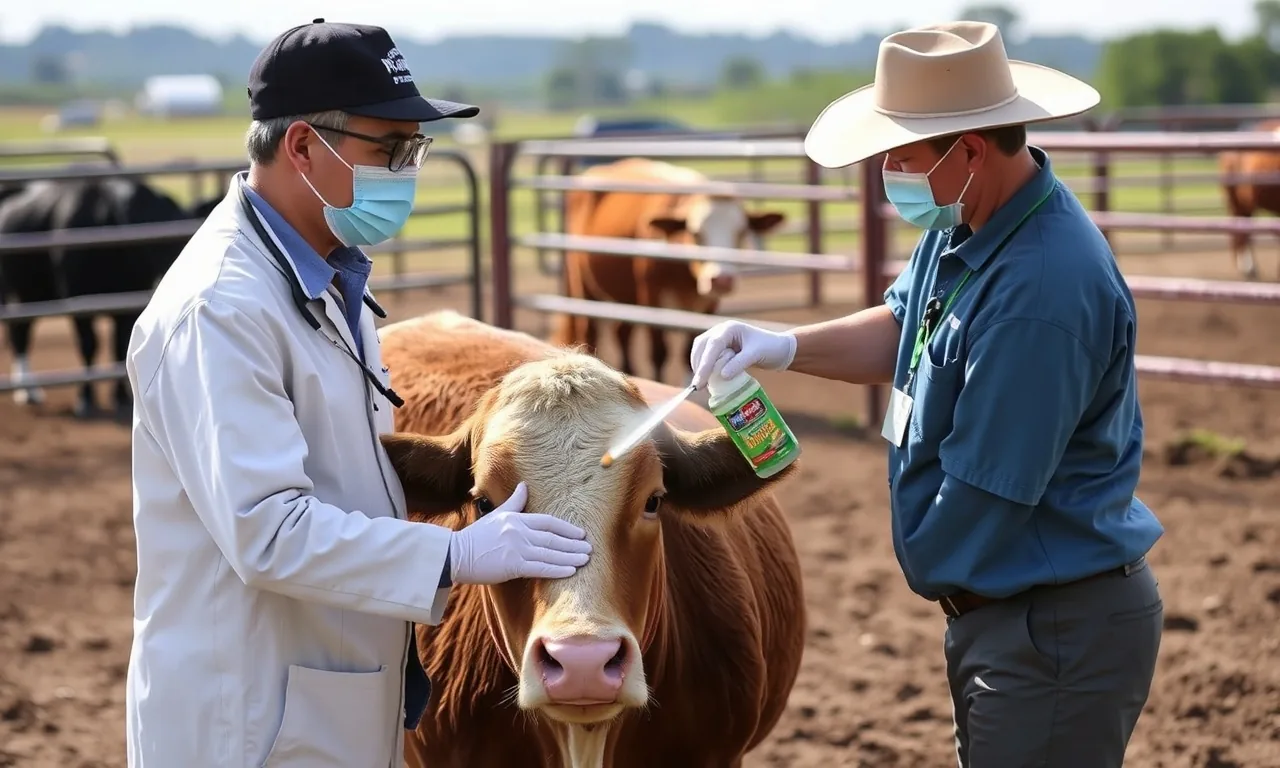 Veterinário aplicando carrapaticida em bovino no curral